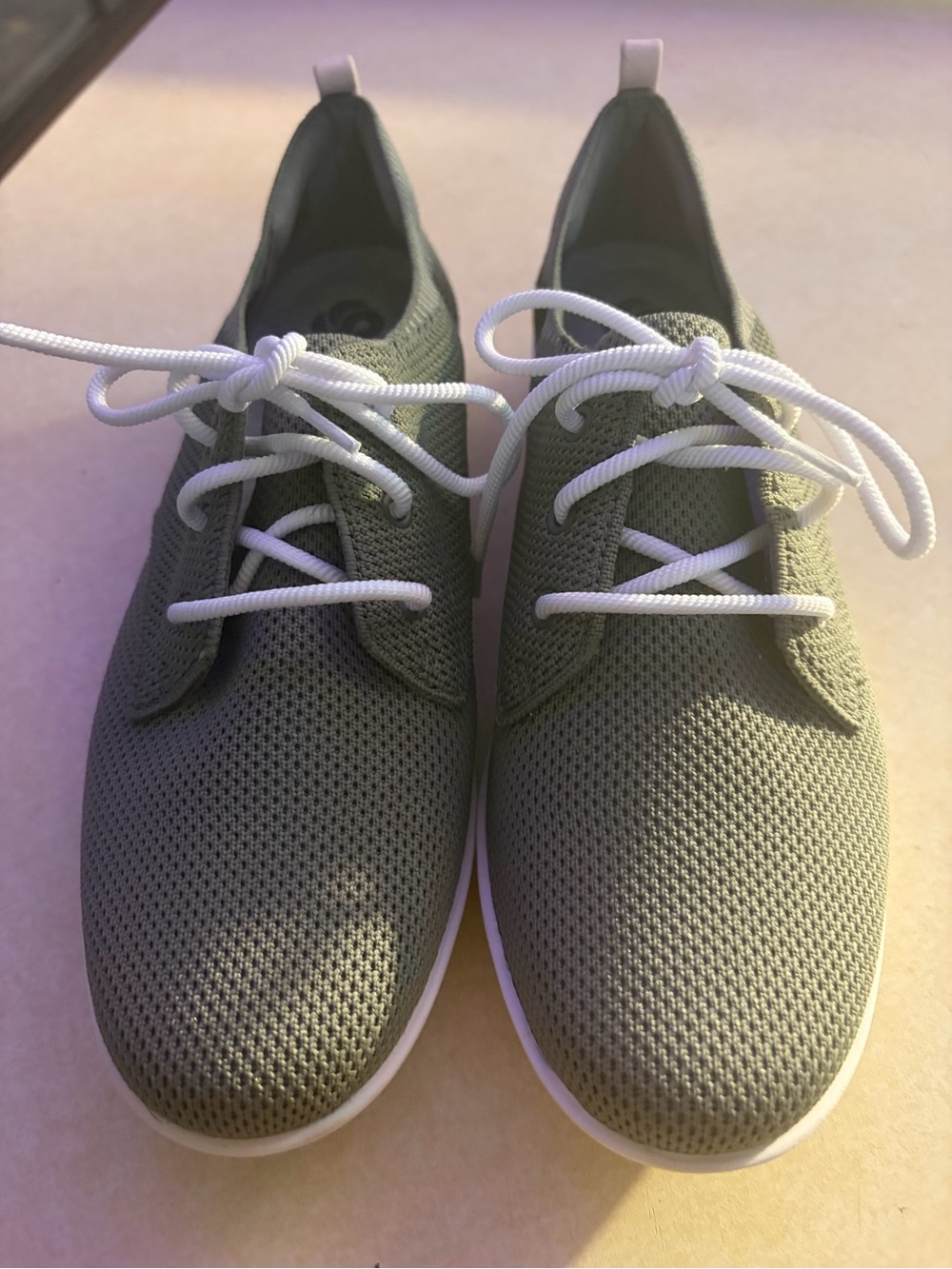 Light Olive Knit Lace-Up Sneakers with White Soles